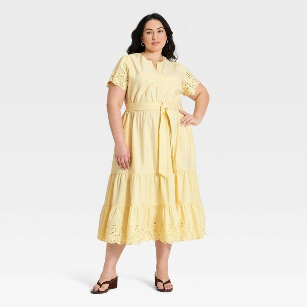 Women's Short Flutter Sleeve V-Neck Front Tiered Eyelet Midi Dress Yellow 2X